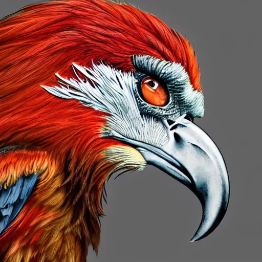 Image similar to a side portrait of a red bearded vulture made in a fantasy art style, highly detailed