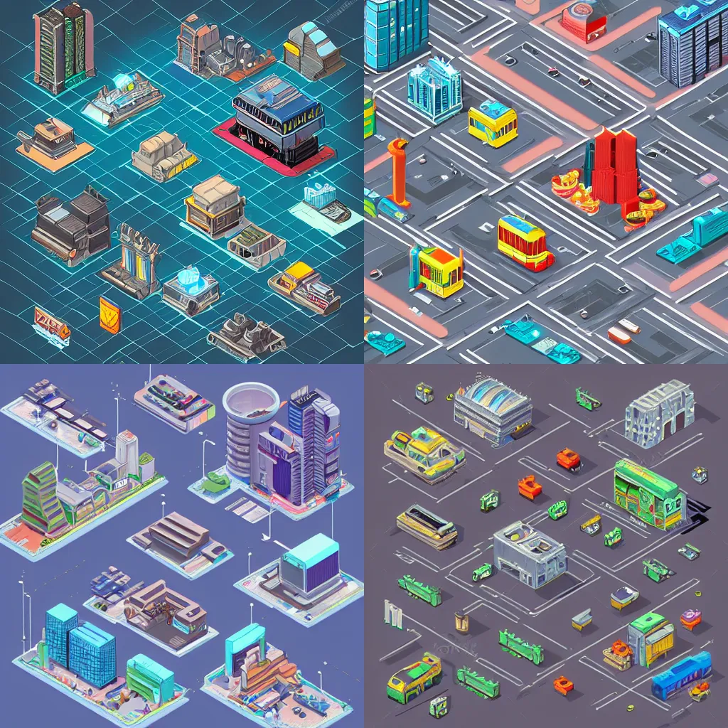 Prompt: isometric concept art of cyberpunk city, cars and buildings