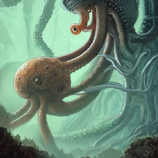 Image similar to highly detailed illustration of a nausicaa alien cephalopod in a world overgrown with fungus and spores, diffuse lighting, fog, stunning atmosphere, religious imagery, huge gargantuan black sun, muted colors, by kilian eng and james jean