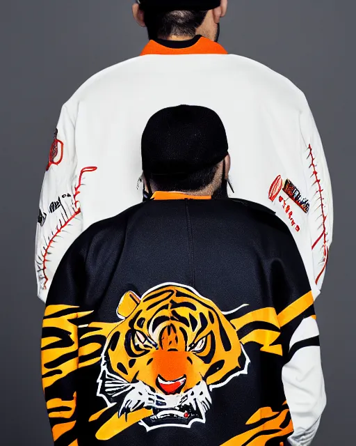 Image similar to photo back of a man wearing baseball jacket with a big tiger embrodery, irezumi, dark hangar background, centered, studio lighting, 1 5 0 mm