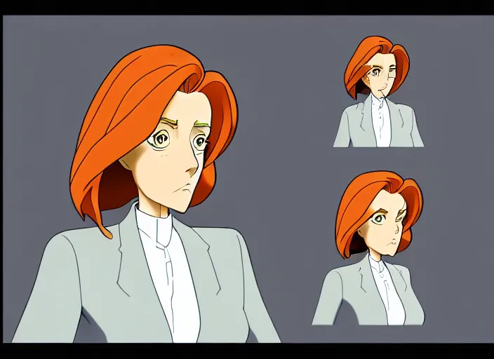 Image similar to a shaded animation cel of dana scully, sharp detail, thin linework, realistic anatomy, in the style of western cartoons, by don bluth, filmation, toei animation, studio trigger, studio ghibli, 5 k, artstation trending