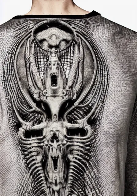 Prompt: henley shirt inspired by h. r. giger designed by alexander mcqueen