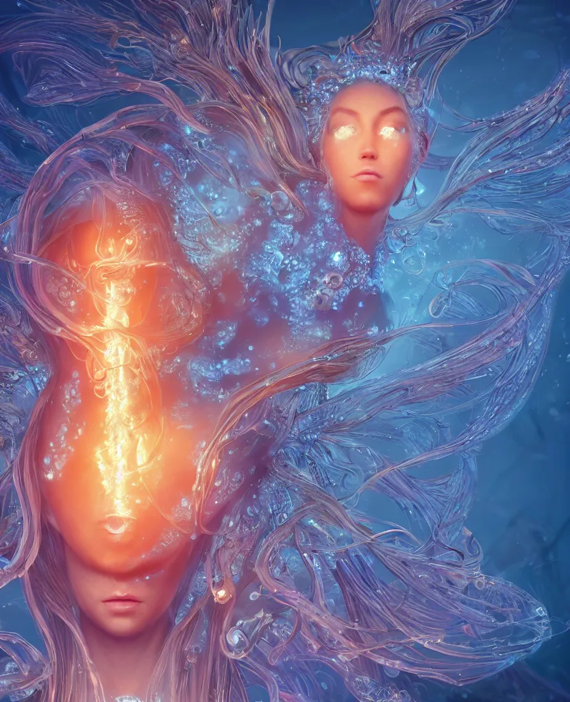 Image similar to close-up macro portrait of the face of a beautiful princess, epic angle and pose, symmetrical artwork, 3d with depth of field, blurred background, cybernetic jellyfish female face skull phoenix bird, translucent, nautilus, energy flows of water and fire. a highly detailed epic cinematic concept art CG render. made in Maya, Blender and Photoshop, octane render, excellent composition, cinematic dystopian brutalist atmosphere, dynamic dramatic cinematic lighting, aesthetic, very inspirational, arthouse. y Greg Rutkowski, Ilya Kuvshinov, WLOP, Stanley Artgerm Lau, Ruan Jia and Fenghua Zhong