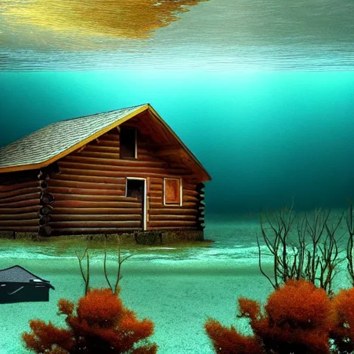 Image similar to a cabin in the woods underwater, 8k, high definition, highly detailed, photo-realistic