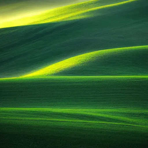Prompt: rolling green hills at dawn. light and shadow. volumetric lighting. award winning photograph