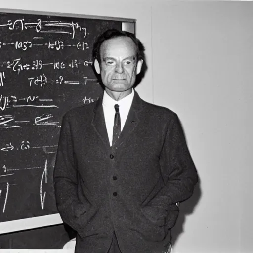 Image similar to richard feynman standing in front of equations on a blackboard, 1960s,