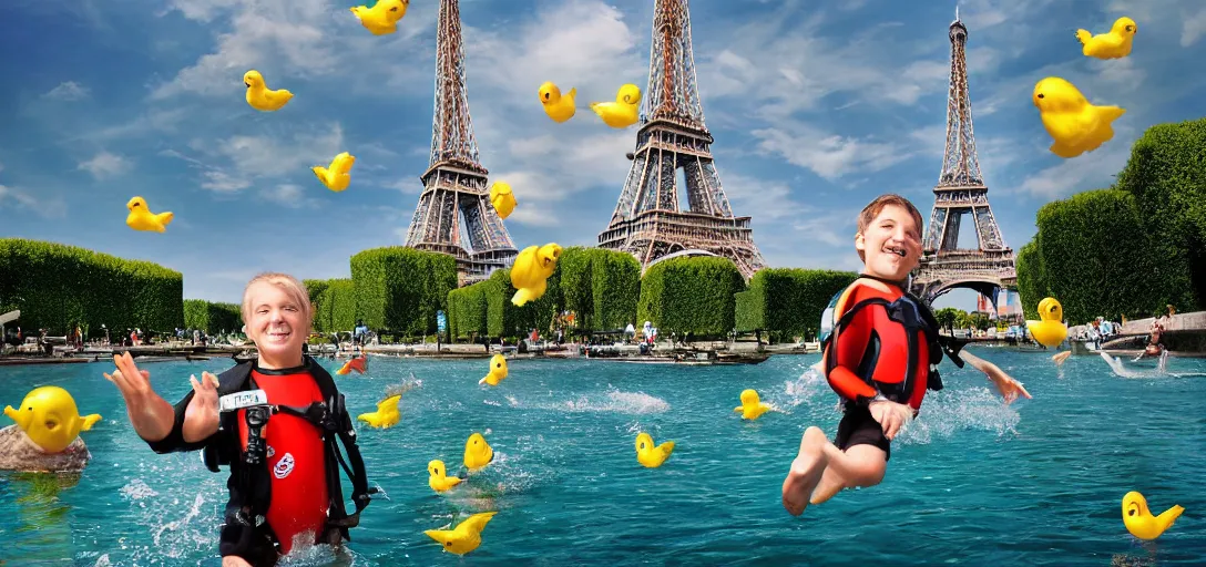 Image similar to super realistic, diver, Eiffel Tower, pond, rubber ducks, ultra high definition