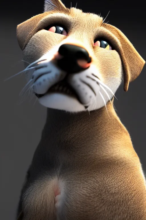 Image similar to a cat mixed with a dog, very detailed, ultrarealistic, dramatic lighting, electrical details, high details, 4k, 8k, trending on artstation, fur, groom, k9, photorealism, ultrarealistic, octain render, ray tracing, mental ray, catdog, unreal engine 5