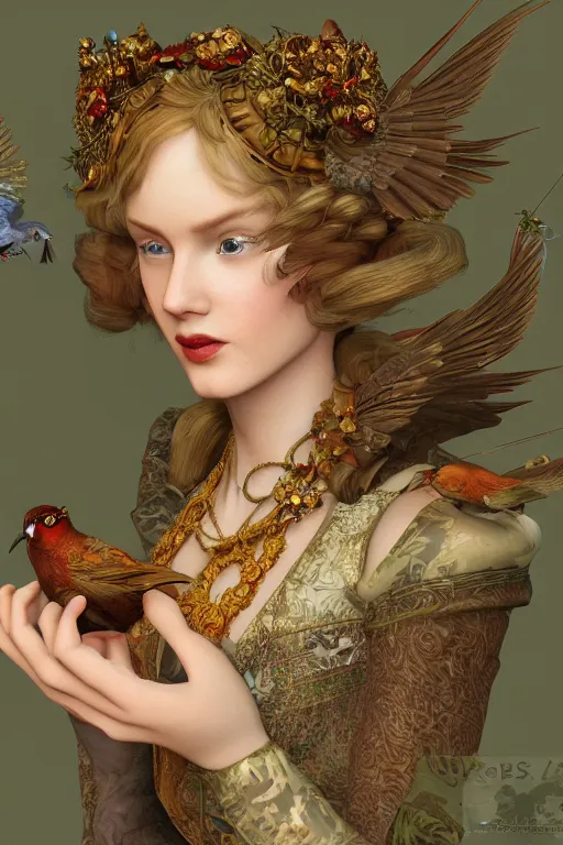 Prompt: zoom in 3 d render of english princess holding birds, ornaments, mucha vibe, dieselpunk, solarpunk, artstation, andrei riabovitchev