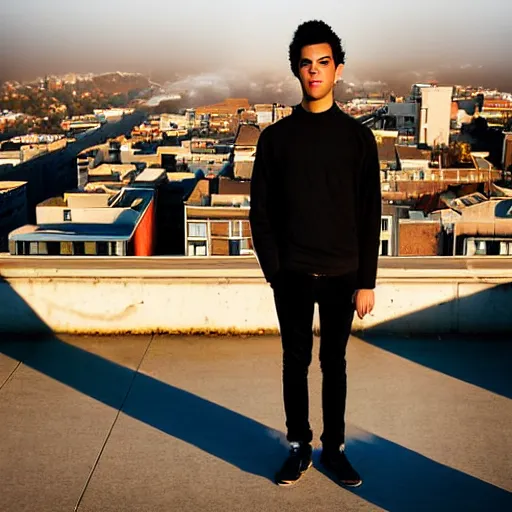 Prompt: un ultra high definition studio quality photograph portrait of a young man with black hair standing on one foot on the rooftop of an apartment building wearing eclectic clothes looking away from the camera. wide angle. sunny. art directed. clear. fog. three point light. extremely detailed. golden hour, golden ratio, ray tracing, volumetric light, shallow depth of field.