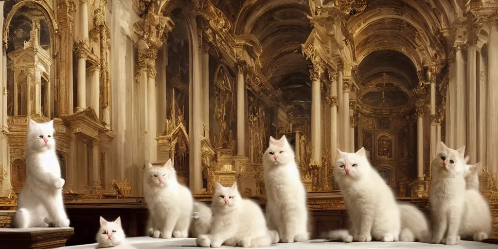 Image similar to beautiful oil matte painting, white fluffy cats holding a church ceremony inside a baroque cathedral, wonderful masterpiece highly detailed, beautiful cinematic light deep focus, elegant, digital painting, smooth, sharp focus, golden ratio, dramatic illumination, ultra realistic, 8 k, art by giovanni bellini and caravaggio