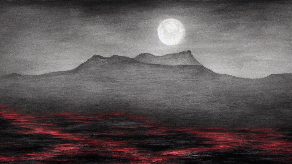 Image similar to the unknown place beyond the sea, ethereal world of dead oceans and burning mountains, under a pale dead moon, reds and blues and greys, a lifeless dried husk of a world, folk horror, dramatic dark eerie lighting, horrific surreal nightmare, 8k resolution artwork, horror art, eerie, creepy, trending on artstation, painting, elaborate excellent painted illustration, smooth, sharp focus