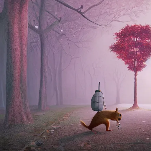 Prompt: an old squirrel walking with a walking cane, painted by Mike Winkelmann