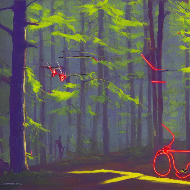 Prompt: neon quadracopter in the woods, painted by Edward Hopper, painted by James Gilleard, airbrush