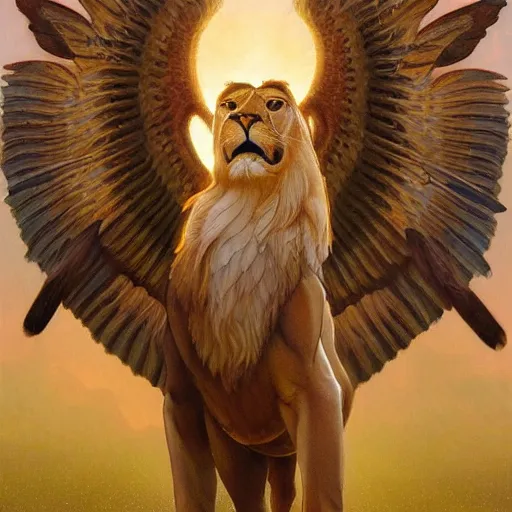 Prompt: a realistic oil painting of a winged lion's body with an eagle!! head, at sunset with a sky full of stars, highly detailed, trending on artstation, by james gurney and michael whelan and krenz cushart and alphonse mucha