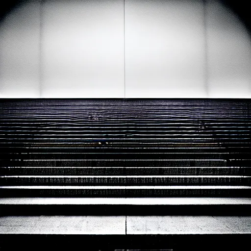 Image similar to black and white surreal photograph, highly detailed vast space made of stairsteps, sideview, detailed textures, natural light, mist, architecture photography, film grain, soft vignette, sigma 1 4 mm f / 1. 4 1 / 1 0 sec shutter, imax 7 0 mm footage