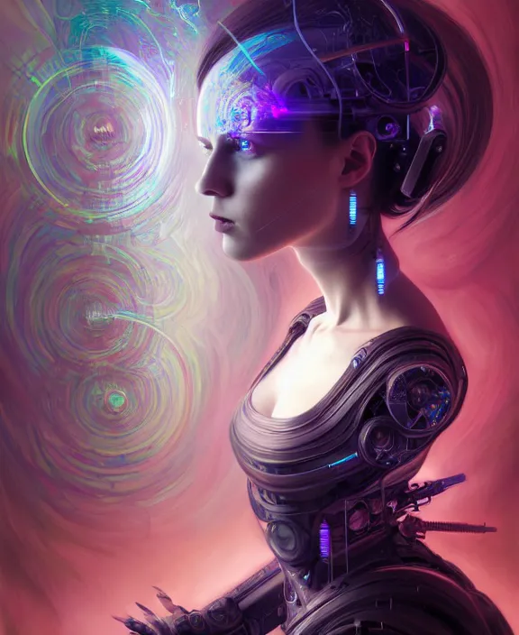 Image similar to a whirlwind of souls rushing inside the metaverse, hologram, half body, neurochip, shaved temple, piercing, jewelry, android, cyborg, cyberpunk face, by loish, d & d, fantasy, intricate, elegant, highly detailed, colorful, digital painting, artstation, concept art, art by artgerm and greg rutkowski and alphonse mucha