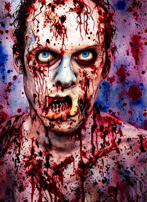 Image similar to zombie hollywood professional acting headshot, hyperrealism, david dennis, snl intermission photo, intricate detailed, studio lighting, charming expression gesicht, hauntingly beautiful zombie, watercolor art, epic, legendary, drawn and painted, colored layers, dulled contrast, exquisite fine art, splatterpaint