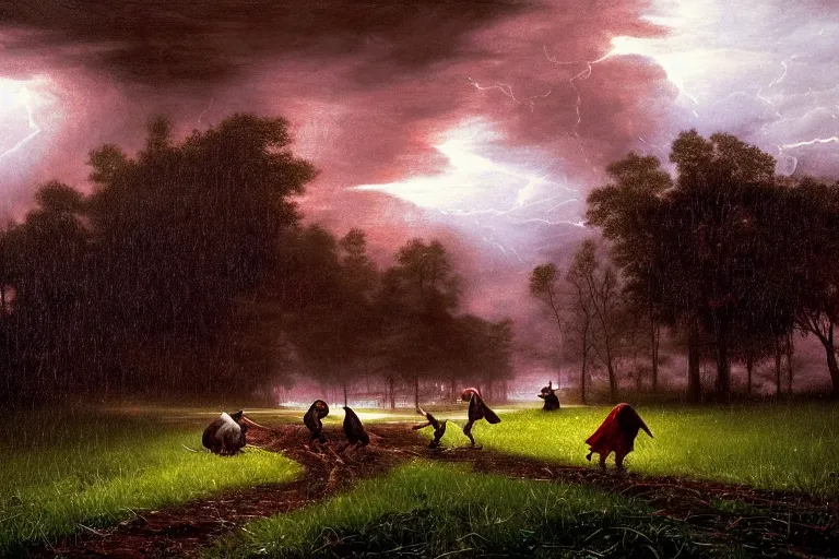 Prompt: a family of rats scurrying across a drenched field in a torrential rainstorm, in the style of andrei tarkovsky, intricate and epic composition, red by caravaggio, insanely quality, highly detailed, masterpiece, purple light, artstation, 4 k