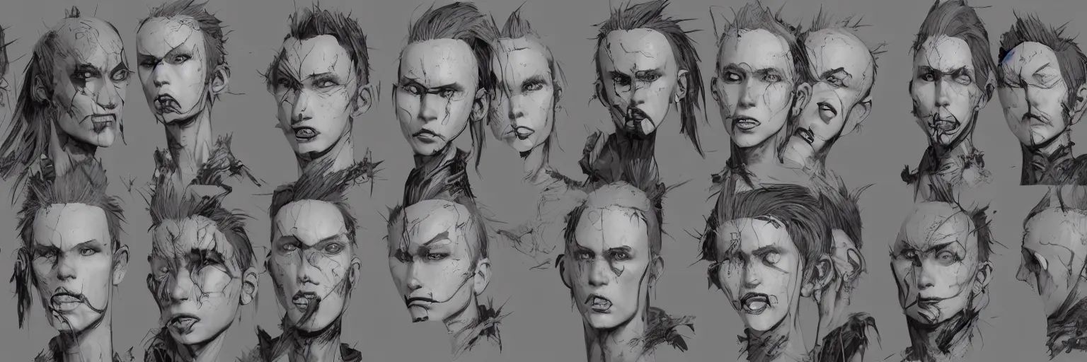 Image similar to character faces, realistic punk singer faces, rocker, aggressive, character sheet, fine details, concept design, contrast, kim jung gi, greg rutkowski and da vinci, trending on artstation, 8 k, emotional, face turnaround, front view, back view, side view, ultra wide angle