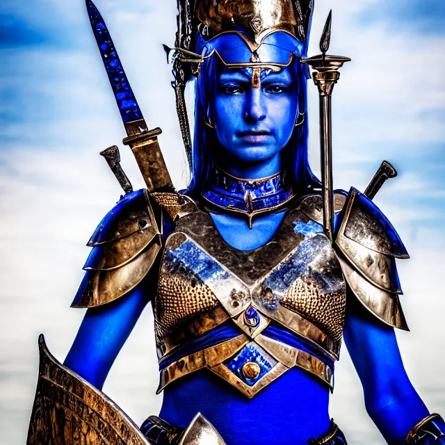 Image similar to photo of a beautiful warrior queen with lapis lazuli armour, highly detailed, 8 k, hdr, smooth, sharp focus, high resolution, award - winning photo