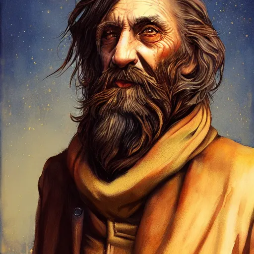Prompt: full-body portrait of a majestic hobo, brown and gold, rags, beard, missing teeth, by Anato Finnstark, Tom Bagshaw, Brom