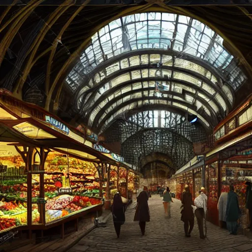 Prompt: a market of a medeveil english town under a large glass dome, highly detailed, cinematic lighting, render, fantasy