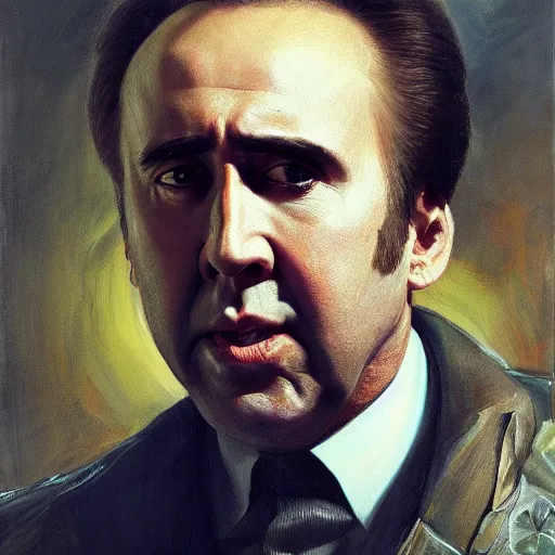 Image similar to Nicolas Cage as an Android, oil on canvas, golden hour, in the world of Andrew Wyeth, artstation, by J. C. Leyendecker and Peter Paul Rubens,