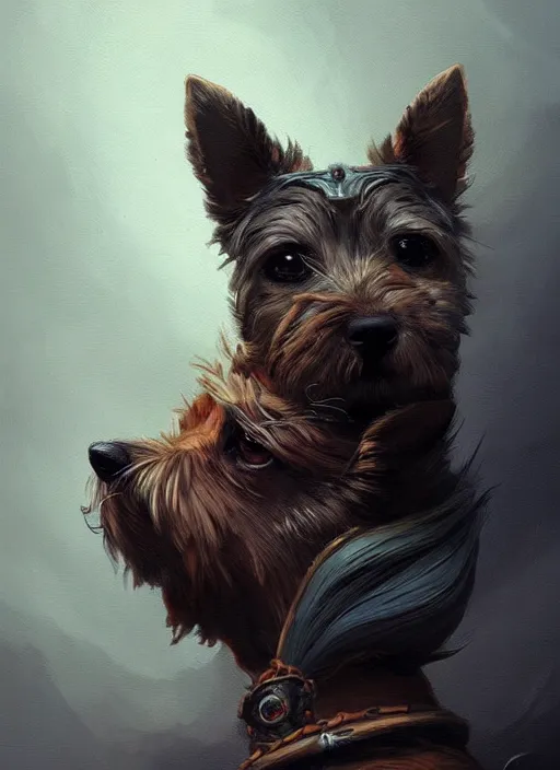 Image similar to norwich terrier as an witch, backround dark, highly detailed, digital illustration, trending in artstation, modern painting, smooth, sharp focus, intricate, by peter mohrbacher