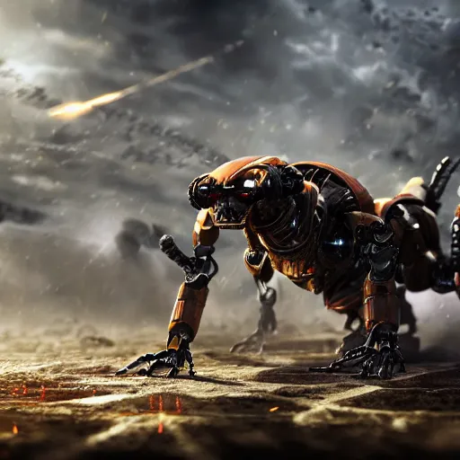 Image similar to a robot scorpion on a battlefield, epic composition, 4 k