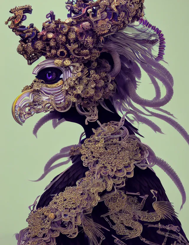 Image similar to 3 d goddess close - up profile portrait with crown, ram skull. beautiful intricately detailed japanese crow kitsune mask and clasical japanese kimono. betta fish, jellyfish phoenix, bio - luminescent, plasma, ice, water, wind, creature, artwork by tooth wu and wlop and beeple and greg rutkowski