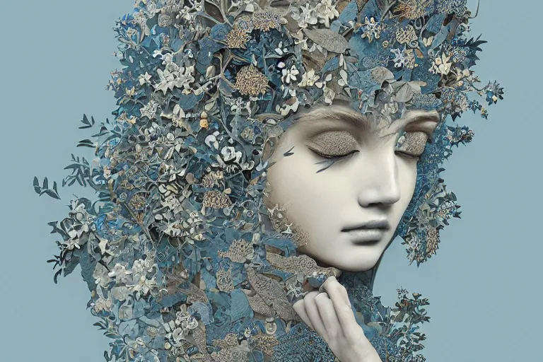 Image similar to woman portrait, goddess of greek mythology, orthodox saint, amalgamation of leaves and flowers. balenciaga, intricate complexity. matte paper, cut paper texture. by Jeffrey Catherine Jones, James jean, Miho Hirano, Hayao Miyazaki, coarse gritby. Full of light-blue and silver and white layers. Exquisite detail 8K