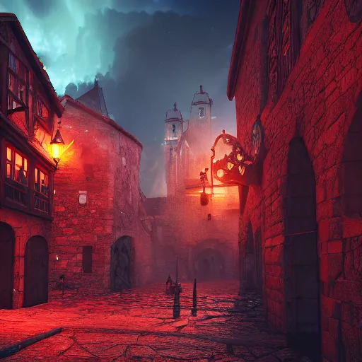 Image similar to medieval city, red violent magical thunderstorm, behrens style, unreal 5 render, fantasy digital art, octane render, beautiful composition, trending on artstation, award - winning photograph, masterpiece