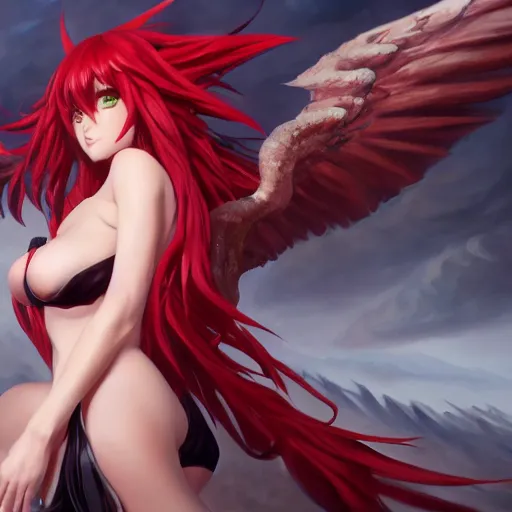 Image similar to an oil painting of rias gremory with demon wings, by artgerm, wlop and greg rutkowski, hd, hdr, ue 5, ue 6, unreal engine 5, cinematic 4 k wallpaper, 8 k, ultra detailed, high resolution, artstation, award winning