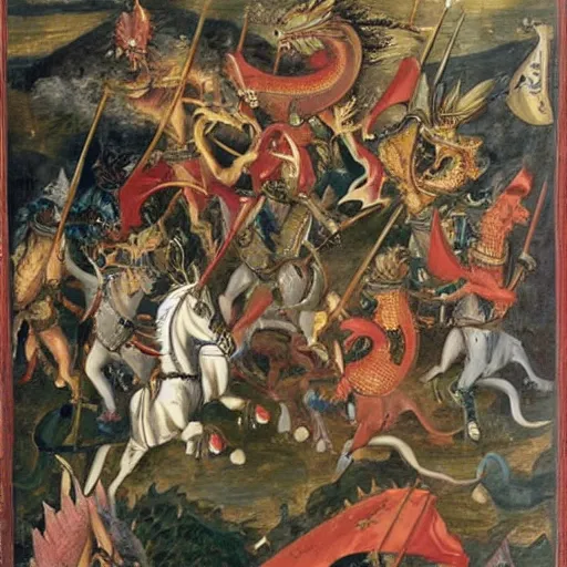 Image similar to A party of knights fighting a dragon, oil painting, 12th century