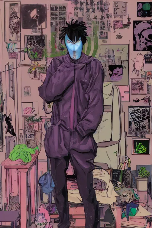 Image similar to a skinny goth guy wearing a face mask standing in a cluttered 9 0 s bedroom, full body character concept art, vaporwave colors, hirohiko araki art, inio asano art,