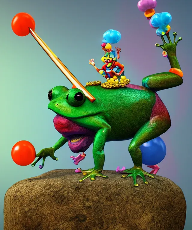 Image similar to clown frog king pulls the sword from the stone, clown frog king wearing clown makeup and rainbow wig, clown crown artwork by Todd Schorr, 3D rendering by Beeple