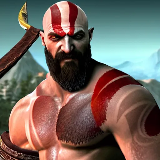 Image similar to in - game screenshot of kratos from god of war in the video game league of legends