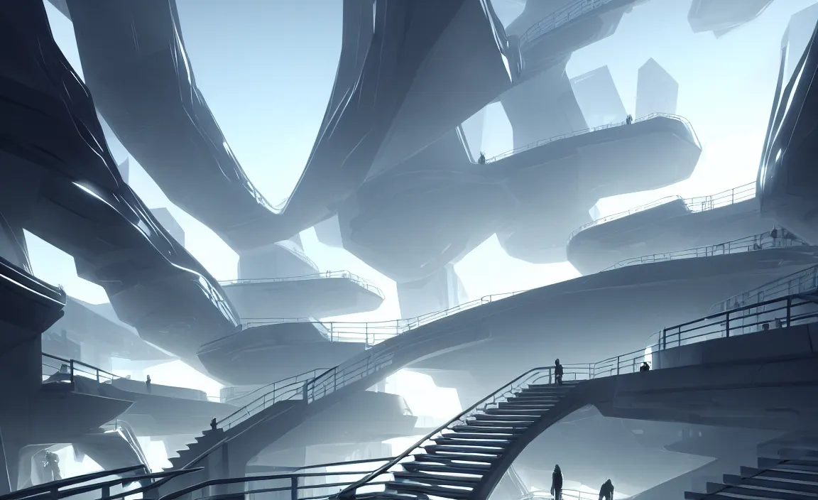 Prompt: long stairs to huge white buildings, sunshine, futuristic. game cg, hyperdetailed, trending on cgsociety