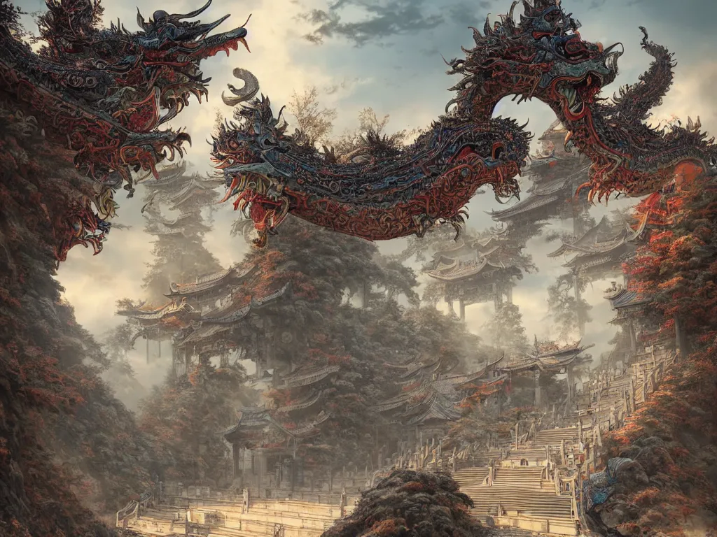 Image similar to tang dynasty shinto gate at the top of many stone steps, a chinese dragon flies behind by peter mohrbacher and dan mumford and nekro, cgsociety, volumetric light, 3 d render