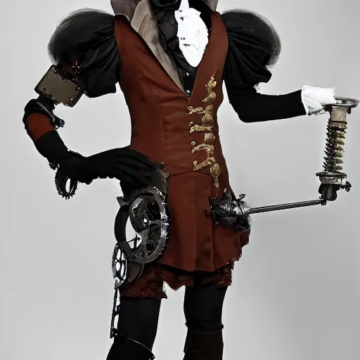 Image similar to clockwork cyborg vampire french aristocrat, powdered wig, gears, prosthetics, full - body