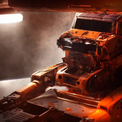 Image similar to head of toaster oven mecha, dark messy smoke - filled cluttered workshop, dark, dramatic lighting, orange tint, cinematic, highly detailed, sci - fi, futuristic, movie still