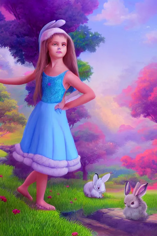 Prompt: matte sharp painting cute little girl and very furry rabbit landscape painted by mark rydel artstation behance storybook lisa frank