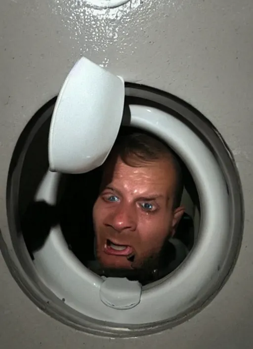 Image similar to man stuck inside a toilet with only his head out, bad quality, shaky camera, funny