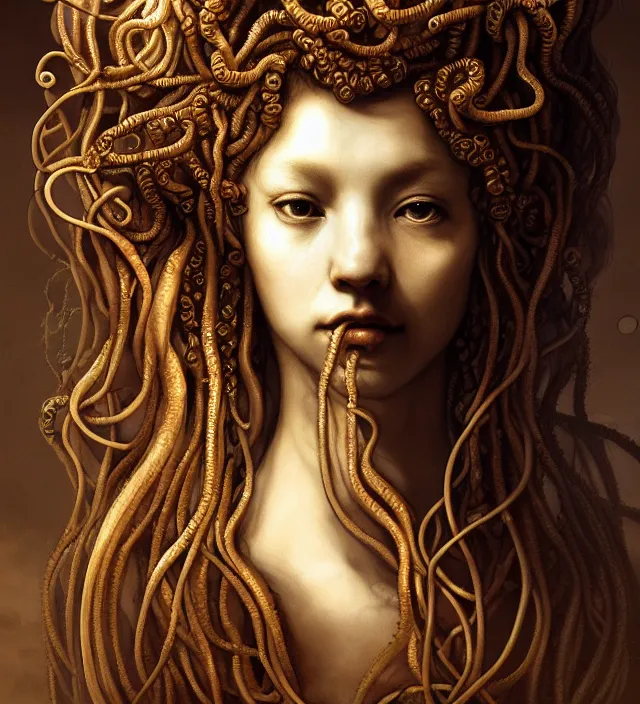 Prompt: portrait of medusa gorgon. intricate, centered, amazing composition by amano yoshitaka, by rembrandt, illustrious makinami, digital art, digital painting, artstation trending, unreal engine, fractal flame, transparent jellyfish, transparent feathers, bio luminescent