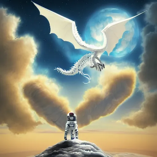 Prompt: illustration of astronaut riding a white dragon over the clouds, digital art, matte painting