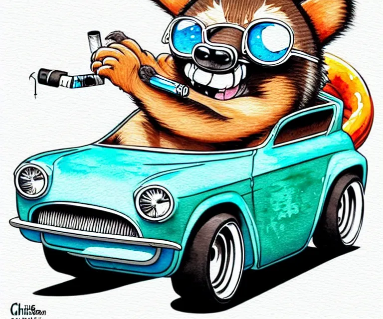 Image similar to cute and funny, racoon with a cigarette in mouth wearing a helmet riding in a tiny hot rod coupe with oversized engine, ratfink style by ed roth, centered award winning watercolor pen illustration, isometric illustration by chihiro iwasaki, edited by range murata