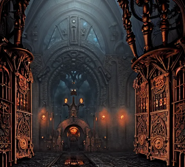 Image similar to steam necropolis, memento mori, gothic, neo - gothic, art nouveau, hyperdetailed copper patina medieval icon, stefan morrell, philippe druillet, ralph mcquarrie, concept art, steampunk, unreal engine, detailed intricate environment, octane render, moody atmospherics, volumetric lighting, ultrasharp, ominous, otherworldly