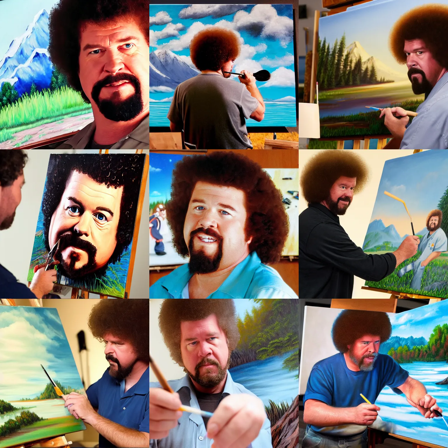 Prompt: a closeup photorealistic photograph of bob ross putting the finishing touches on a canvas painting of kenny powers. kswiss shoes. film still. brightly lit scene. this 4 k hd image is trending on artstation, featured on behance, well - rendered, extra crisp, features intricate detail, epic composition and the style of unreal engine.