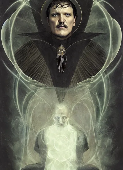 Image similar to pedro pascal as aleister crowley the grand mage of thelema. art by tom bagshaw and greg danton and manuel sanjulian